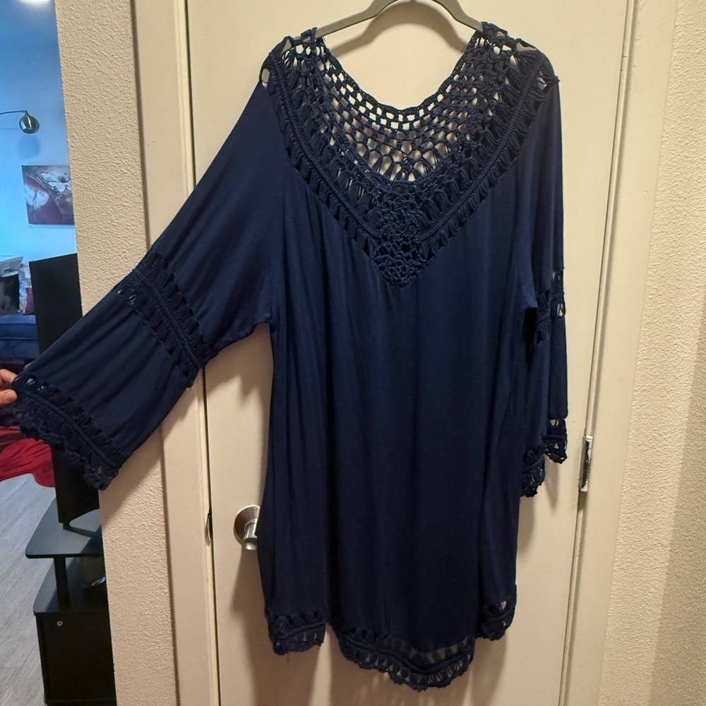 New Directions Navy Tunic with Crochet Detail